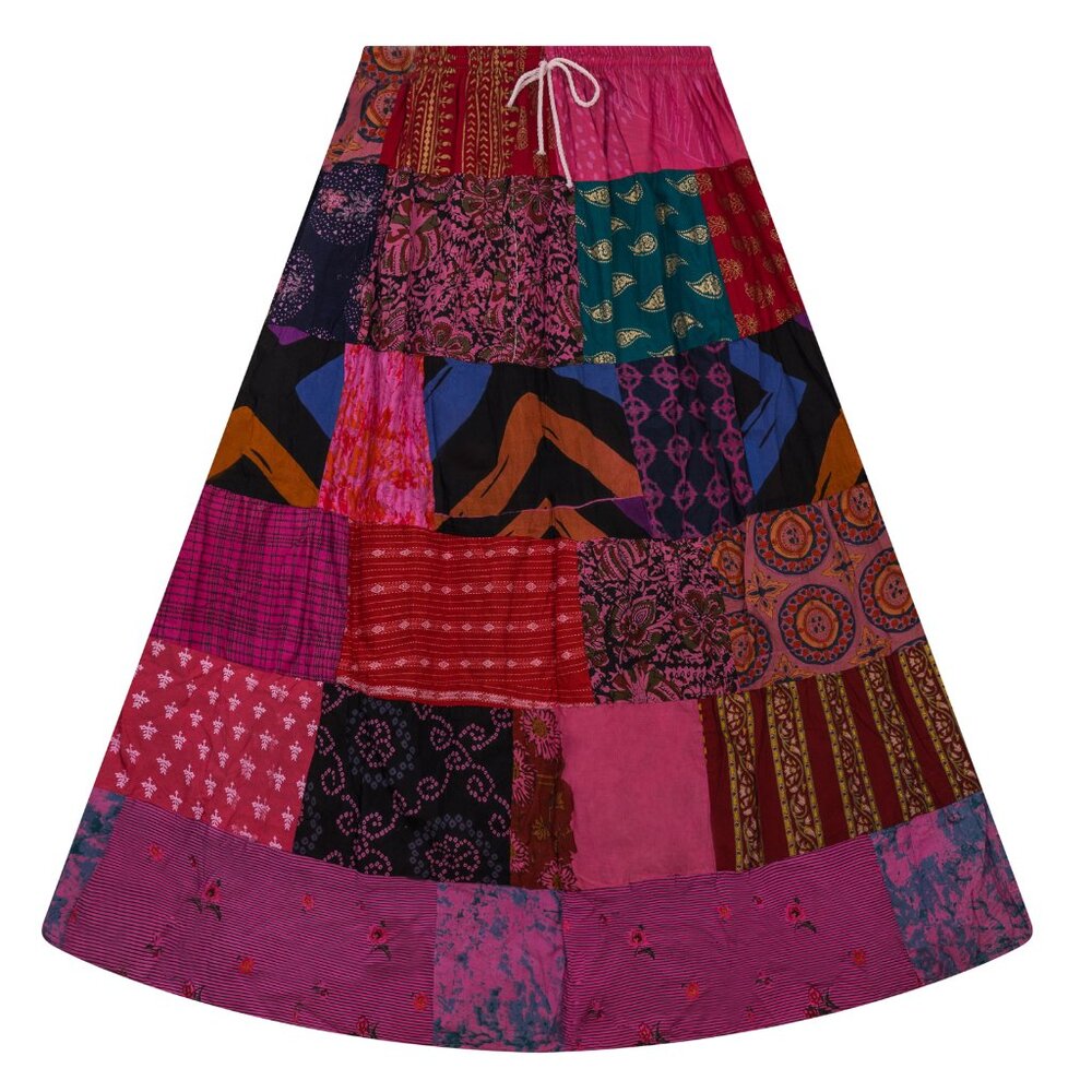 Boho Patchwork Skirt * Long Gypsy Hippie Tiered in 100% Silky cotton * Maxi Full